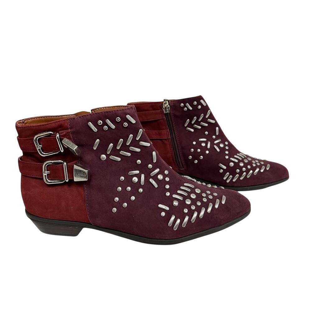SCHUTZ Studded Western Ankle Boots Burgundy Leather Silver Low Profile 7.5 $295